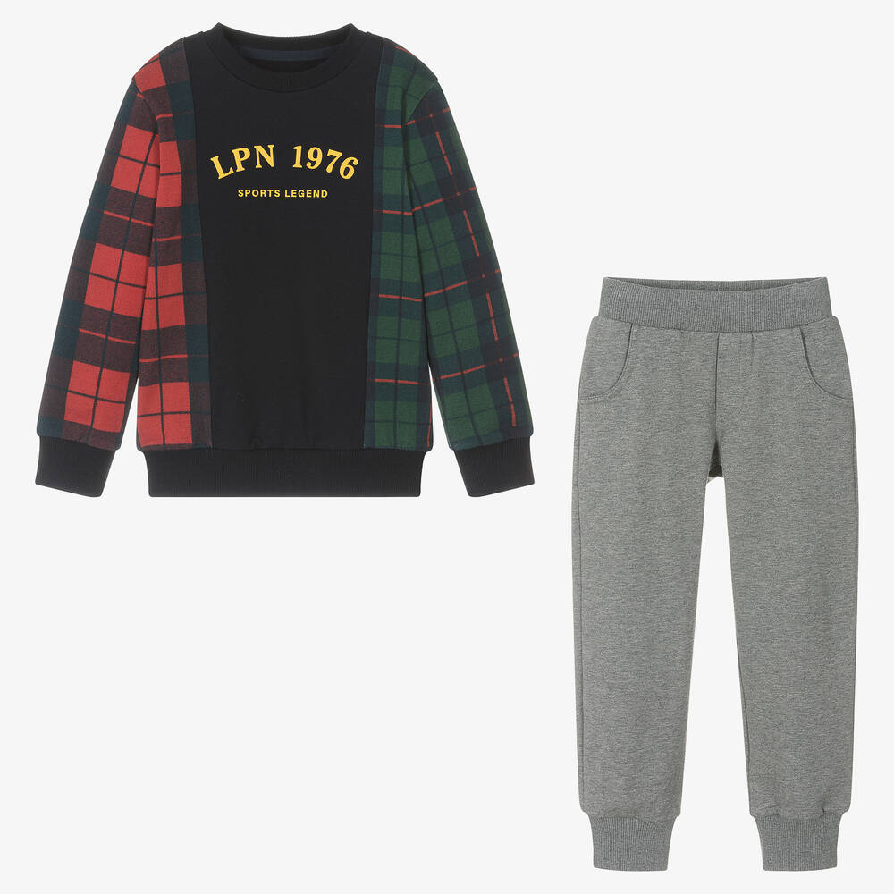 Lapin House-Boys Blue & Grey Cotton Tartan Tracksuit | Childrensalon Outlet