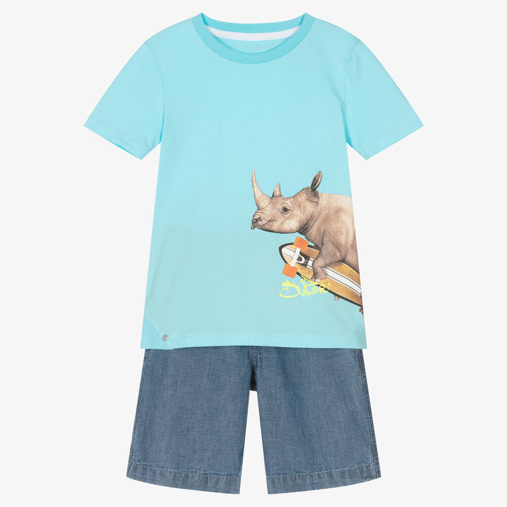Lapin House - Голубая футболка с носорогом и шорты из шамбре | Childrensalon