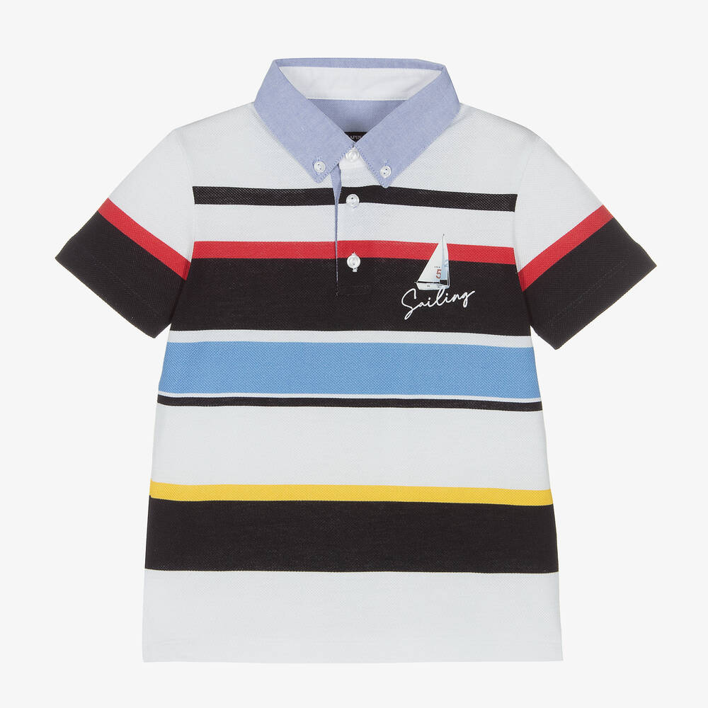 Lapin House - Boys Blue Striped Cotton Polo Shirt | Childrensalon