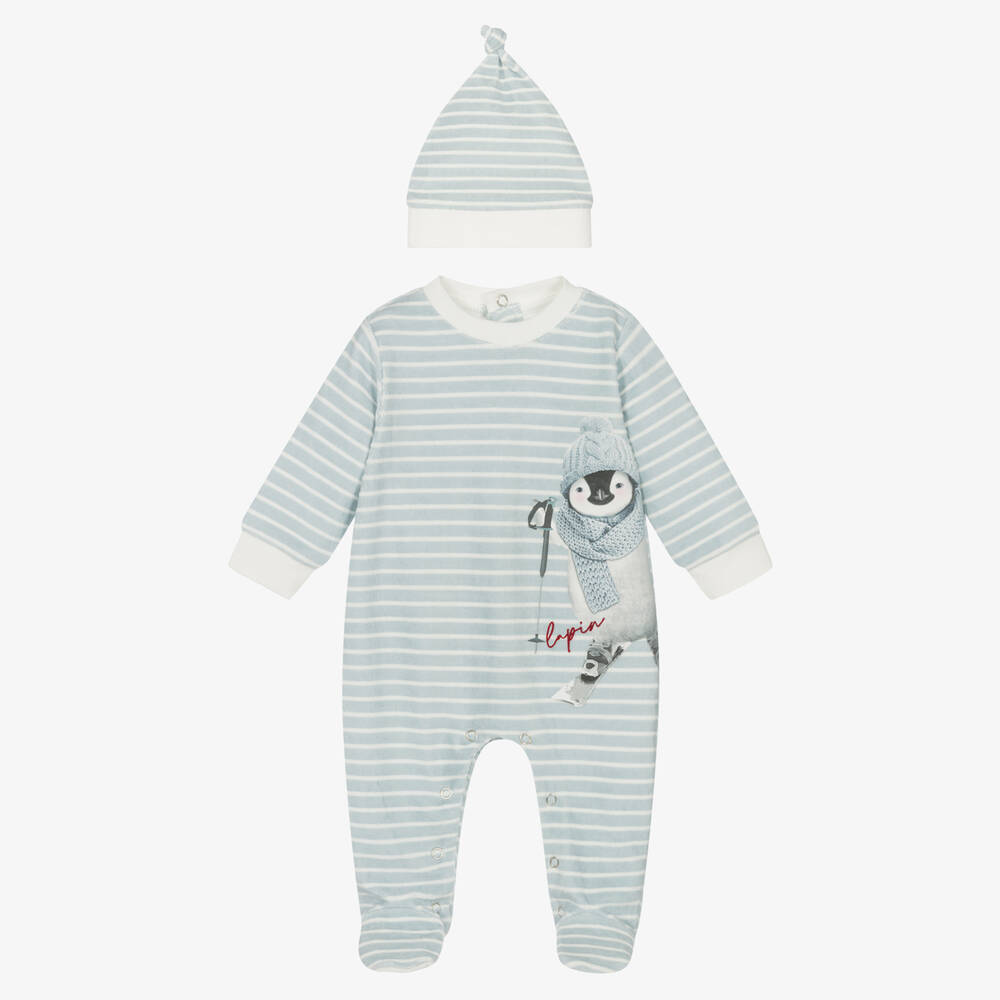 Lapin House - Boys Blue Velour Babygrow & Hat Set | Childrensalon