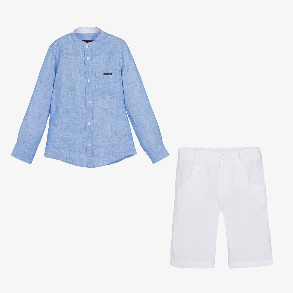 Lapin House-طقم شورت كتان لون أبيض وأزرق للأولاد | Childrensalon Outlet