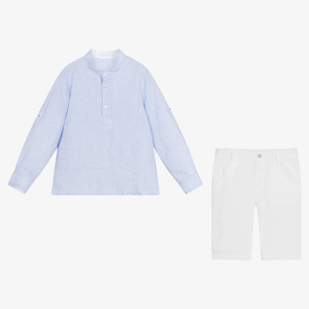 Lapin House-طقم شورت كتان لون أبيض وأزرق للأولاد | Childrensalon Outlet