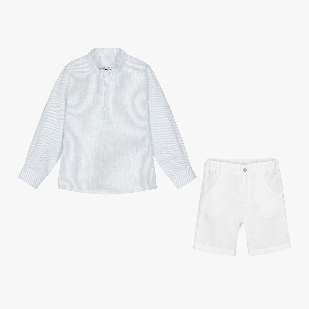 لابين هاوس-طقم شورت كتان لون أبيض وأزرق للأولاد | Childrensalon Outlet