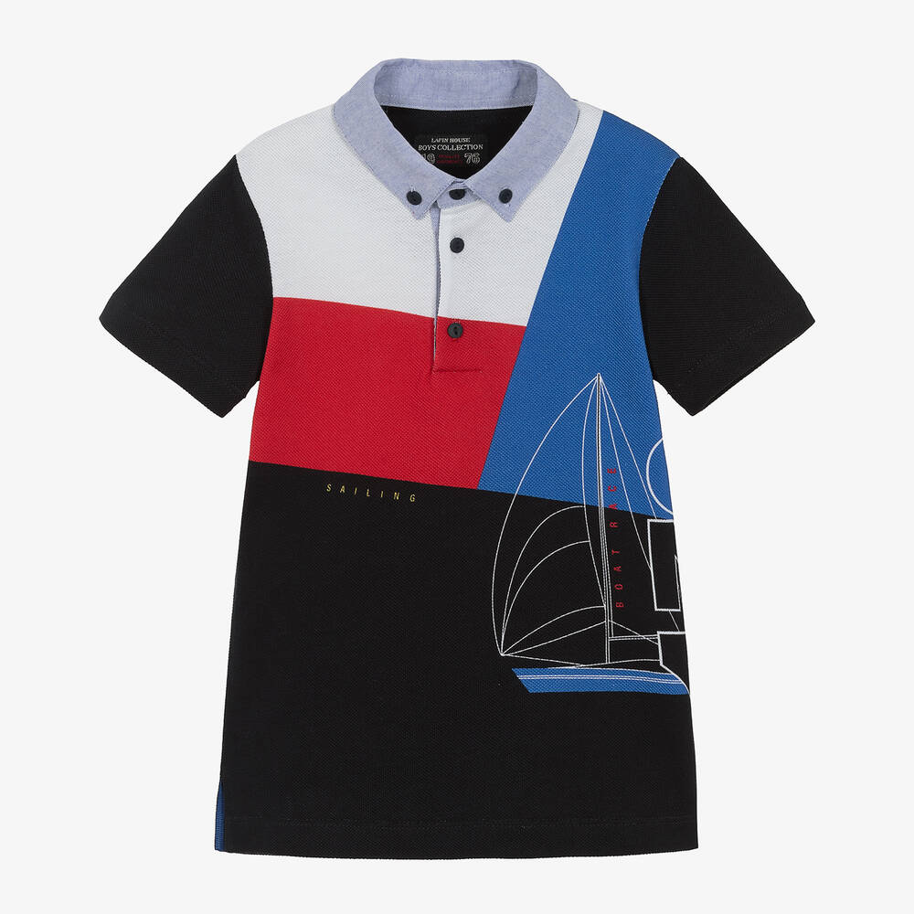 Lapin House-Boys Navy Blue Colourblock Cotton Polo Shirt  | Childrensalon Outlet