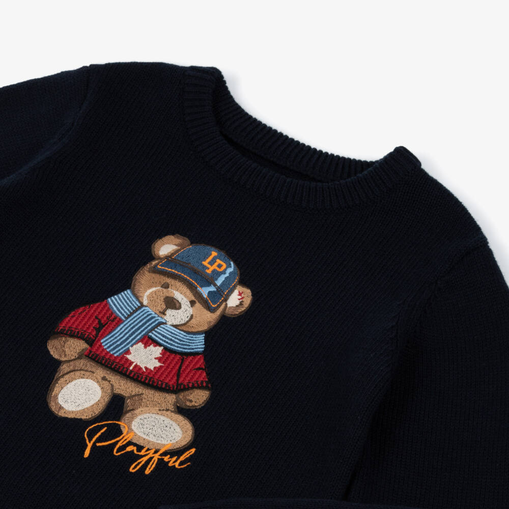 Lapin House-Boys Navy Blue Cotton Knit Teddy Bear Sweater | Childrensalon Outlet