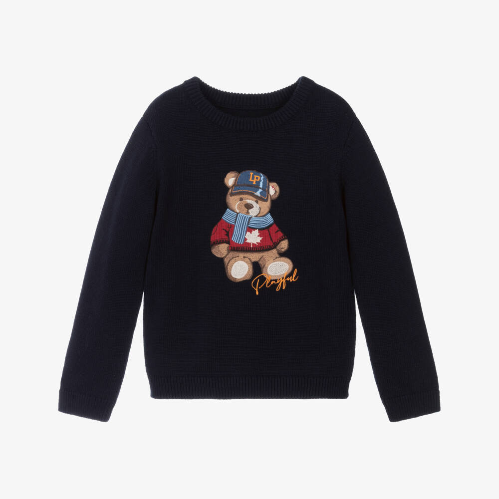 Lapin House-Boys Navy Blue Cotton Knit Teddy Bear Sweater | Childrensalon Outlet