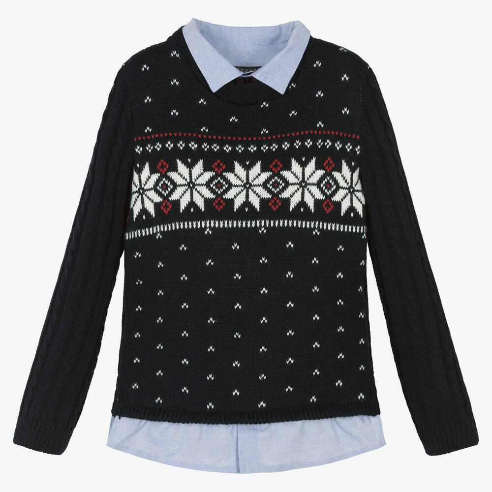 Lapin House - Boys Navy Blue Knitted Fair Isle Sweater | Childrensalon