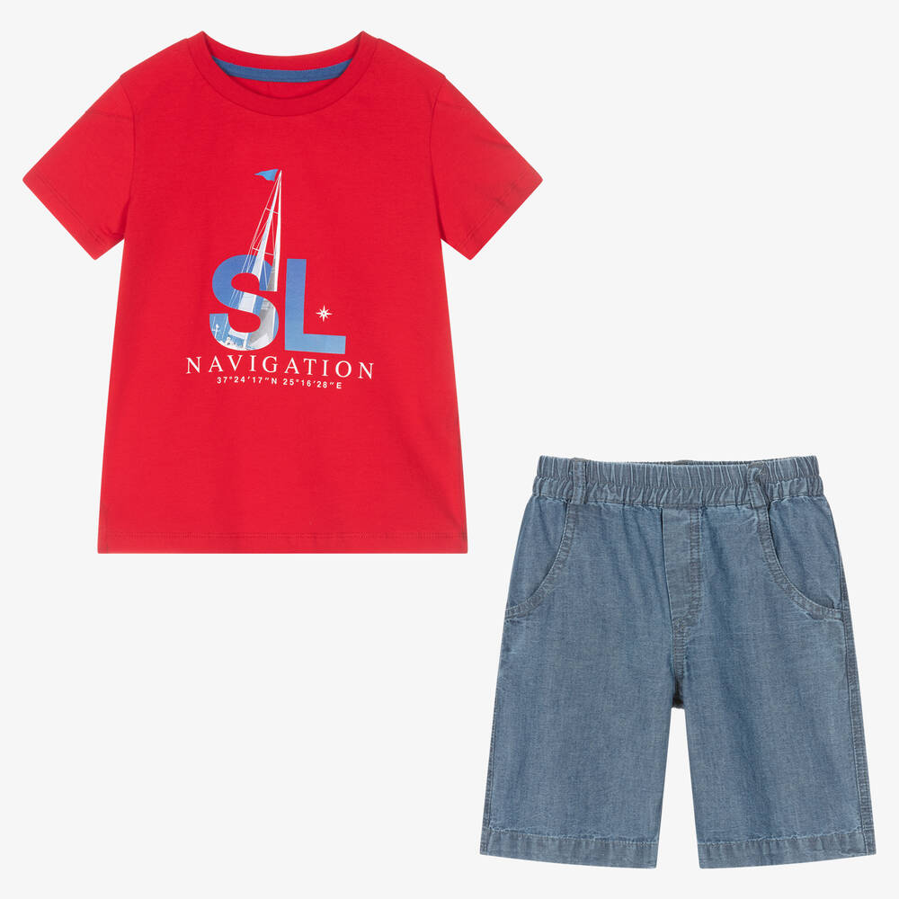 Lapin House-Boys Red & Blue Chambray Shorts Set | Childrensalon Outlet