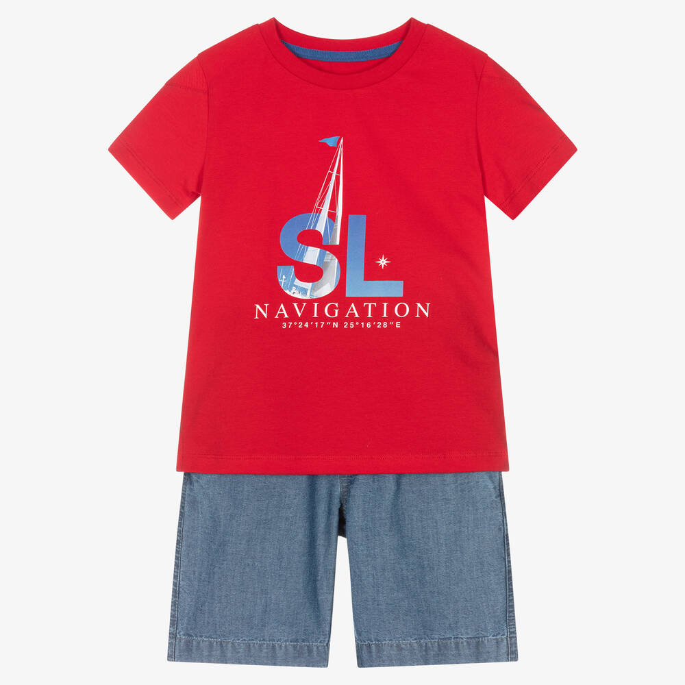 Lapin House - Top & Chambray-Shorts Set in Rot & Blau | Childrensalon