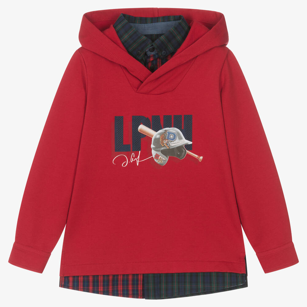 Lapin House - Boys Red Cotton Baseball Hooded Top | Childrensalon