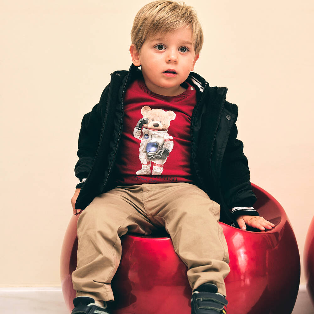 Lapin House-Boys Red Cotton Space Teddy Bear Top | Childrensalon Outlet