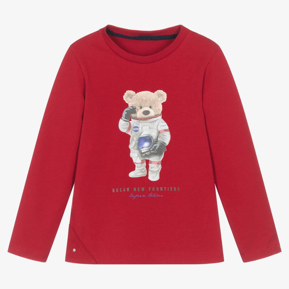 Lapin House - Boys Red Cotton Space Teddy Bear Top | Childrensalon