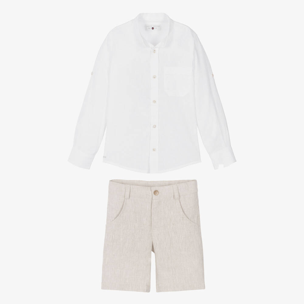 Lapin House-Boys White & Beige Linen Shorts Set | Childrensalon Outlet