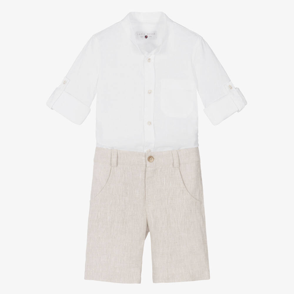 Lapin House-Boys White & Beige Linen Shorts Set | Childrensalon Outlet