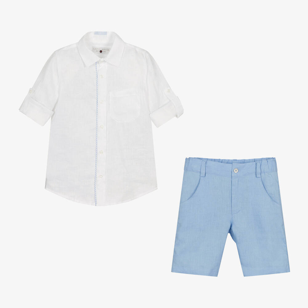 Lapin House-طقم شورت مزيج كتان لون أبيض وأزرق للأولاد | Childrensalon Outlet