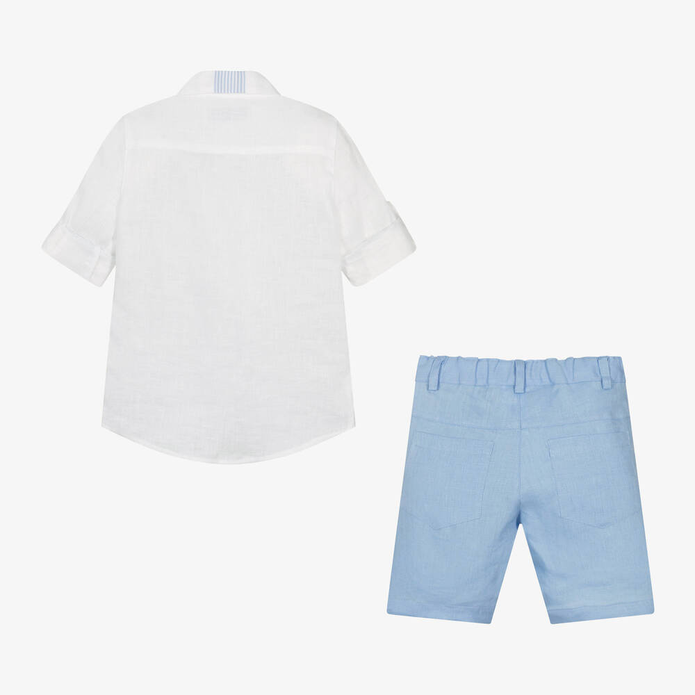 Lapin House-طقم شورت مزيج كتان لون أبيض وأزرق للأولاد | Childrensalon Outlet