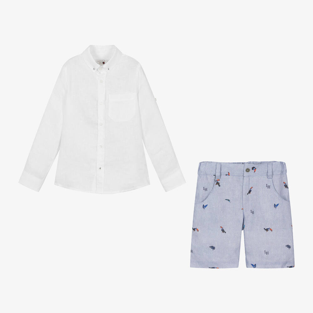 Lapin House-Boys White & Blue Linen Shorts Set  | Childrensalon Outlet