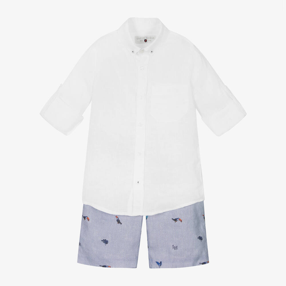 Lapin House-Boys White & Blue Linen Shorts Set  | Childrensalon Outlet