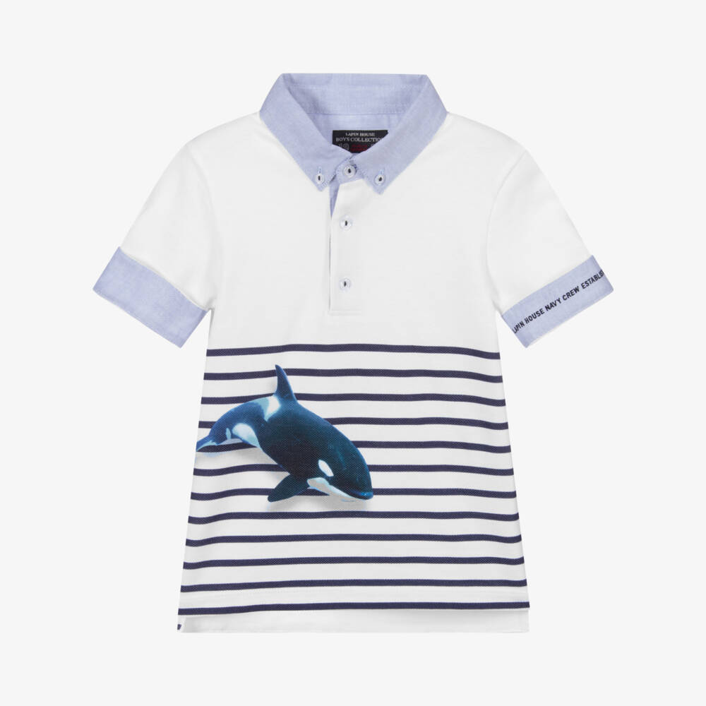 Lapin House-توب بولو قطن بيكيه وأكسفورد لون أبيض وأزرق | Childrensalon Outlet