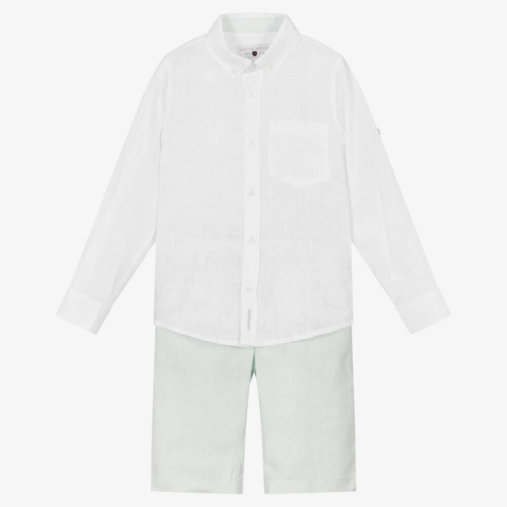 Lapin House - Белая рубашка и зеленые шорты из льна | Childrensalon