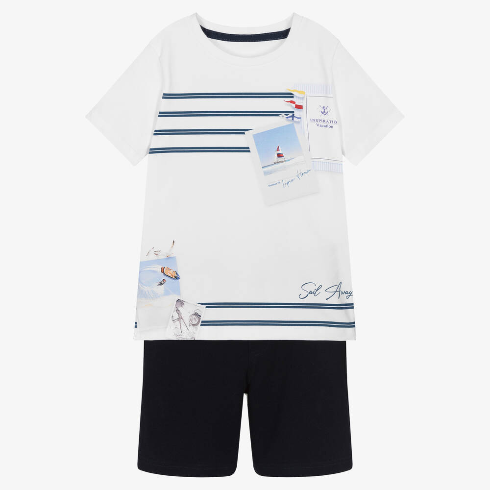 Lapin House - Boys White & Navy Blue Cotton Shorts Set | Childrensalon