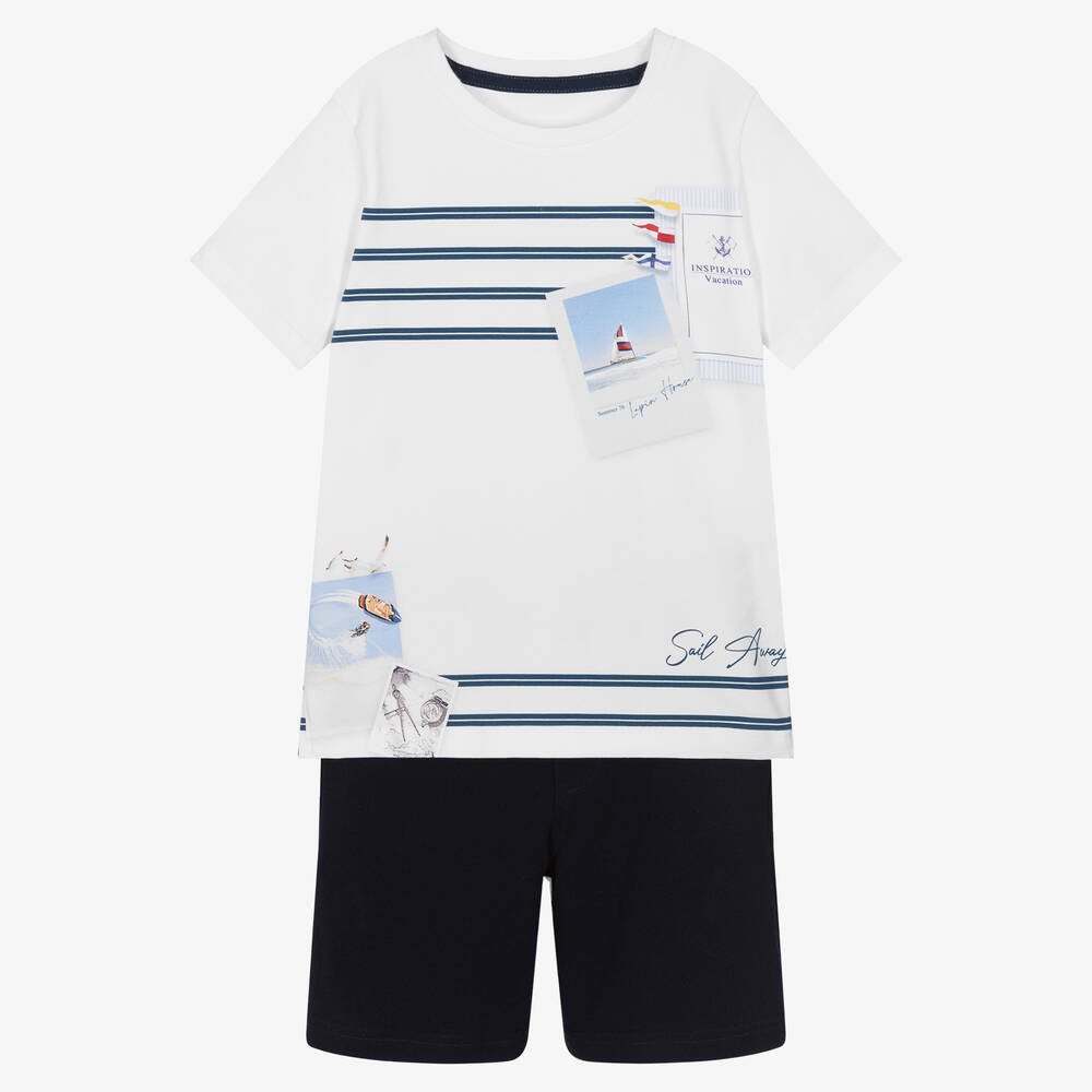 Lapin House - Ensemble short coton blanc et bleu | Childrensalon