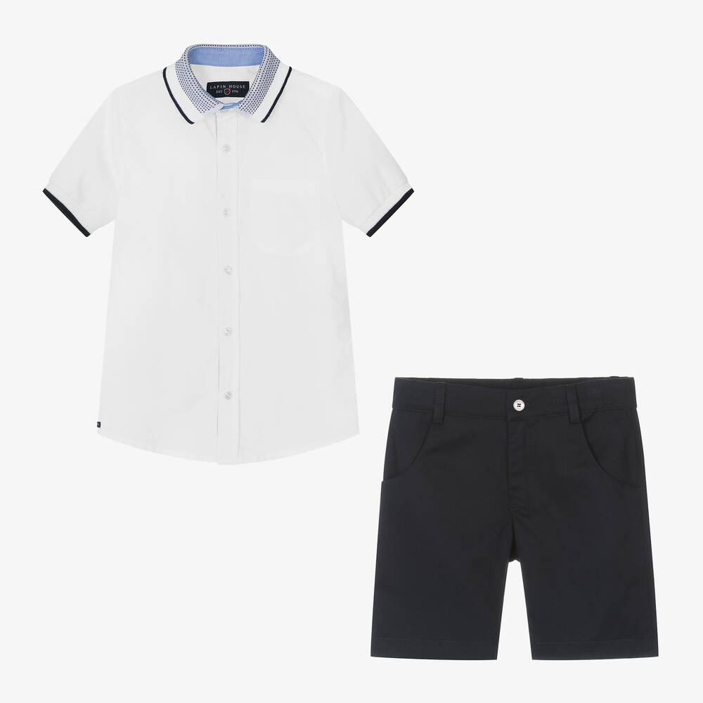 Lapin House-طقم شورت قطن لون أبيض وكحلي للأولاد | Childrensalon Outlet
