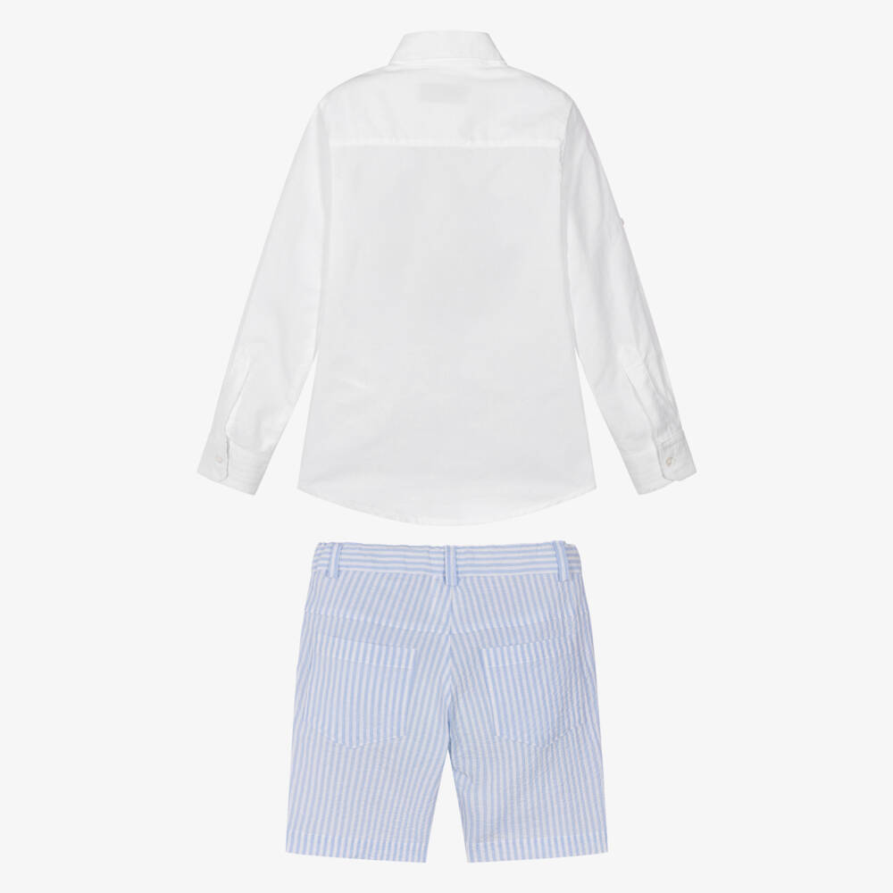 Lapin House-Boys White Shirt & Blue Striped Cotton Shorts Set | Childrensalon Outlet