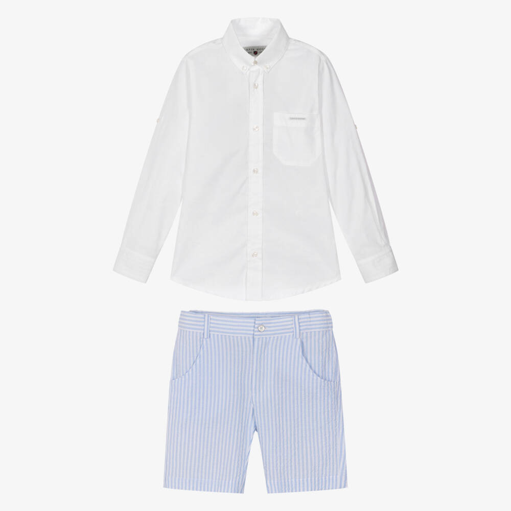 Lapin House-Boys White Shirt & Blue Striped Cotton Shorts Set | Childrensalon Outlet