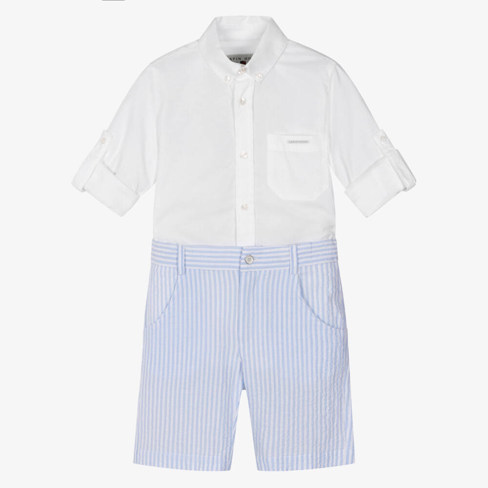 Lapin House-Boys White Shirt & Blue Striped Cotton Shorts Set | Childrensalon Outlet