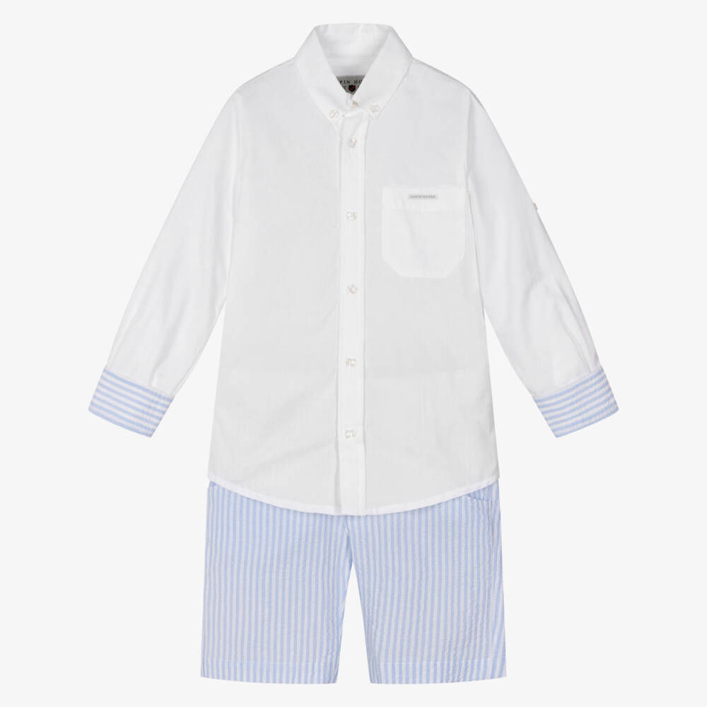 Lapin House-Boys White Shirt & Blue Striped Cotton Shorts Set | Childrensalon Outlet