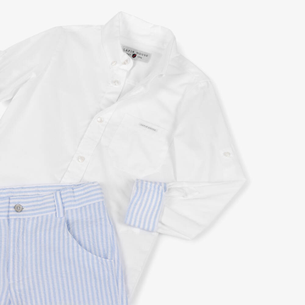 Lapin House-Boys White Shirt & Blue Striped Cotton Shorts Set | Childrensalon Outlet