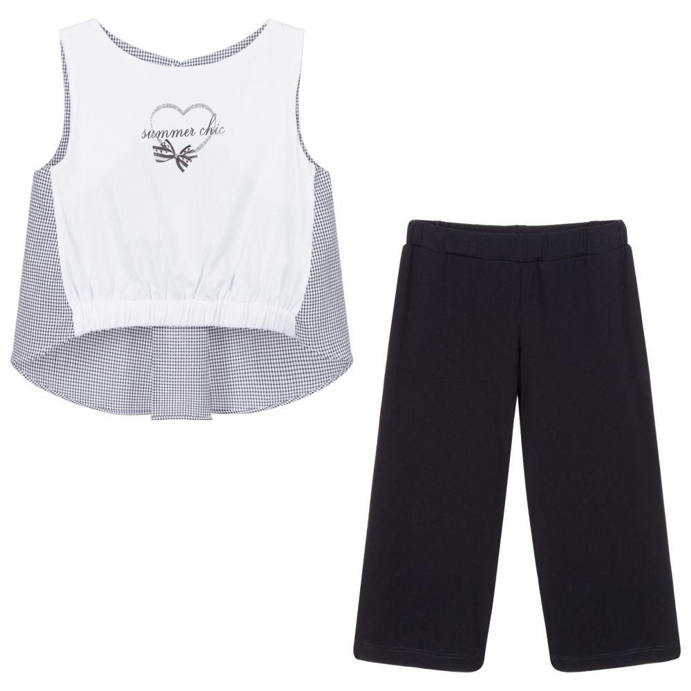 لابين هاوس-طقم بنطلون كولوت وتوب قطن وفيسكوز جيرسي لون أبيض وكحلي | Childrensalon Outlet