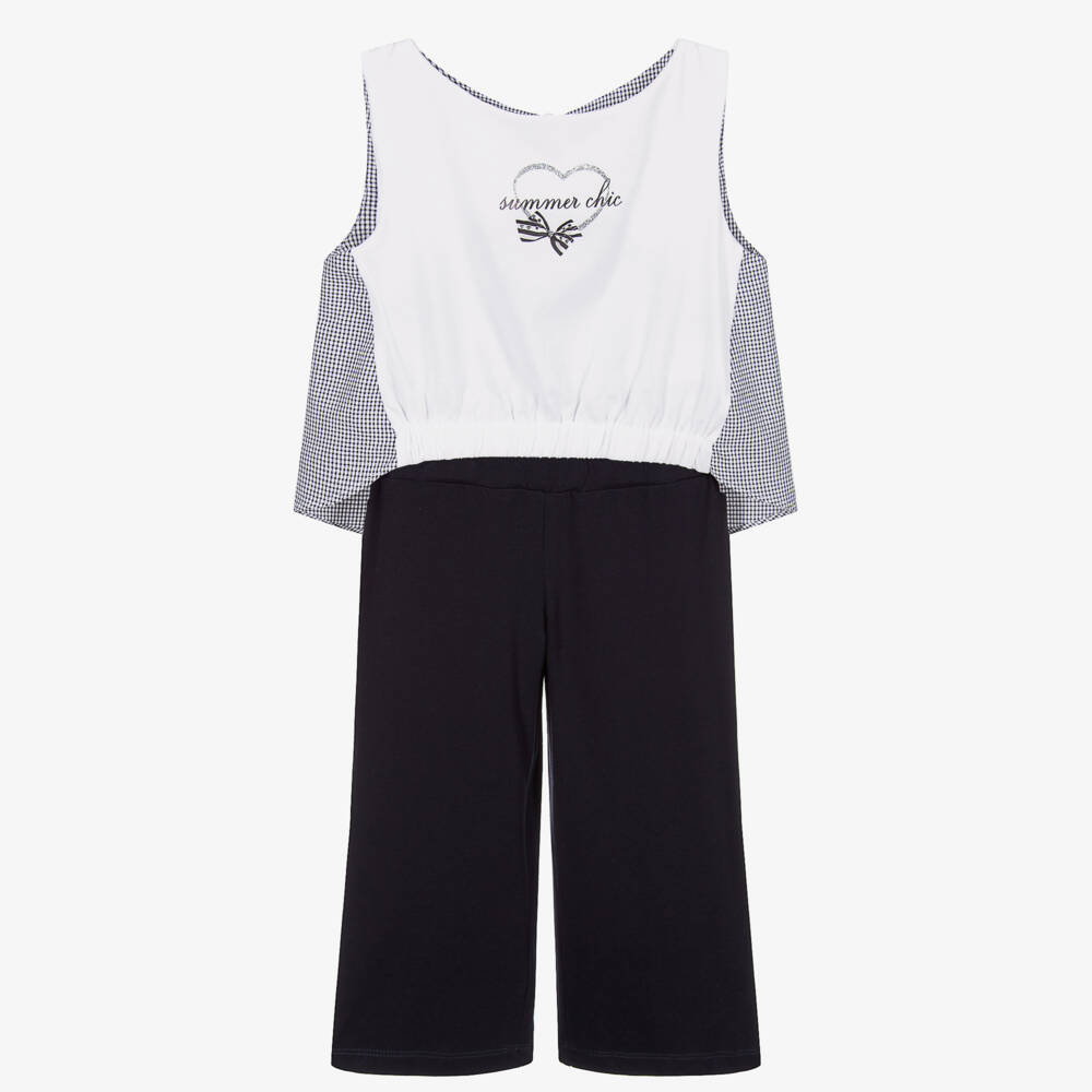 Lapin House-طقم بنطلون كولوت وتوب قطن وفيسكوز جيرسي لون أبيض وكحلي | Childrensalon Outlet