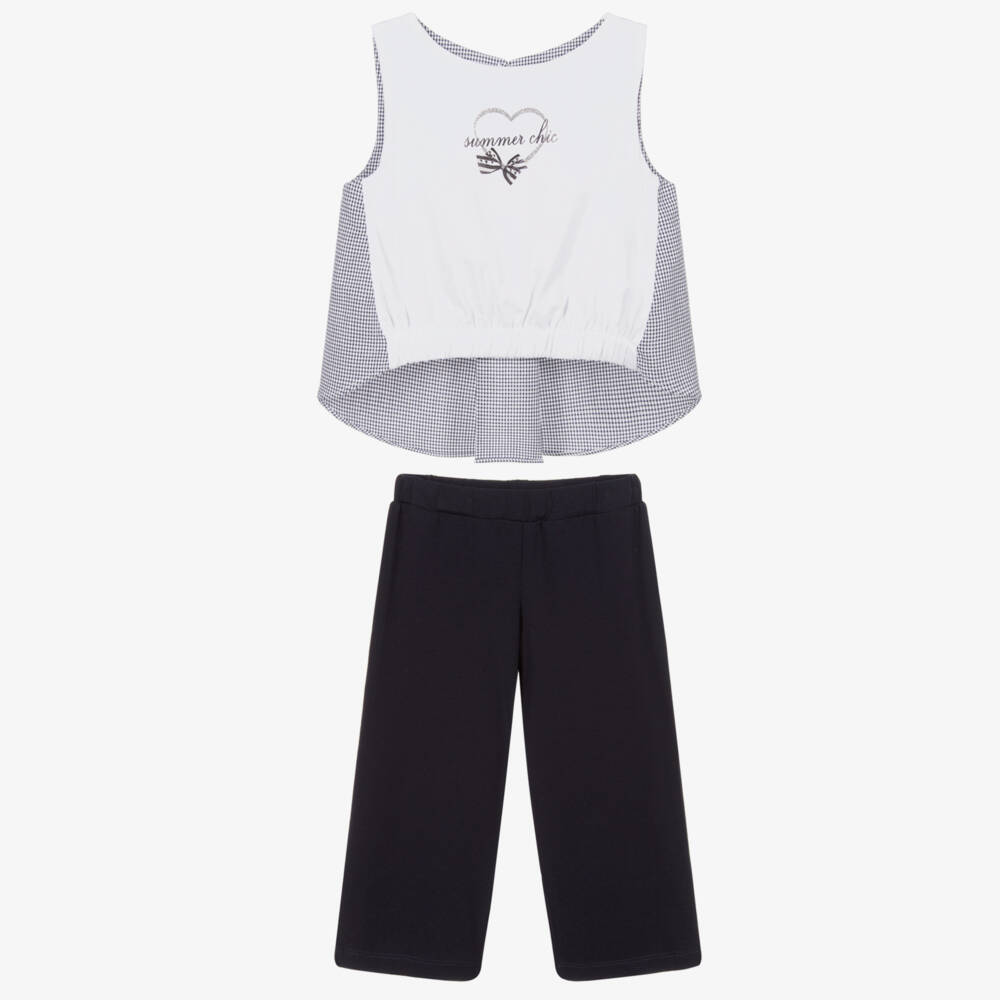 Lapin House-طقم بنطلون كولوت وتوب قطن وفيسكوز جيرسي لون أبيض وكحلي | Childrensalon Outlet
