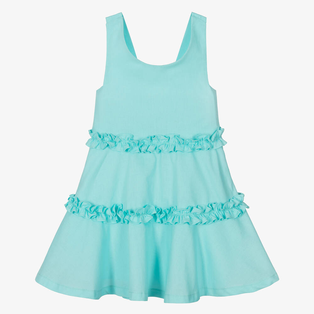 Lapin House - Girls Aqua Blue Cotton Ruffle Dress | Childrensalon