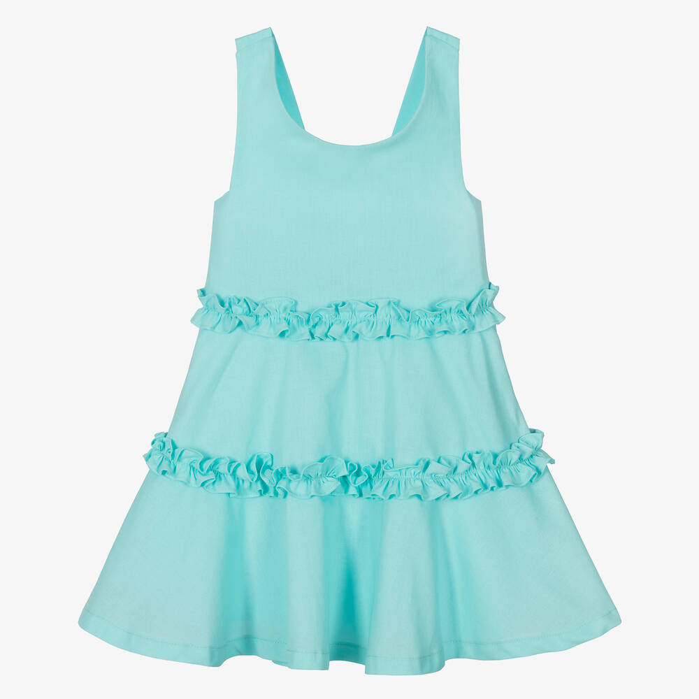 Lapin House-فستان قطن مزين بكشكش لون أزرق أكوا | Childrensalon Outlet