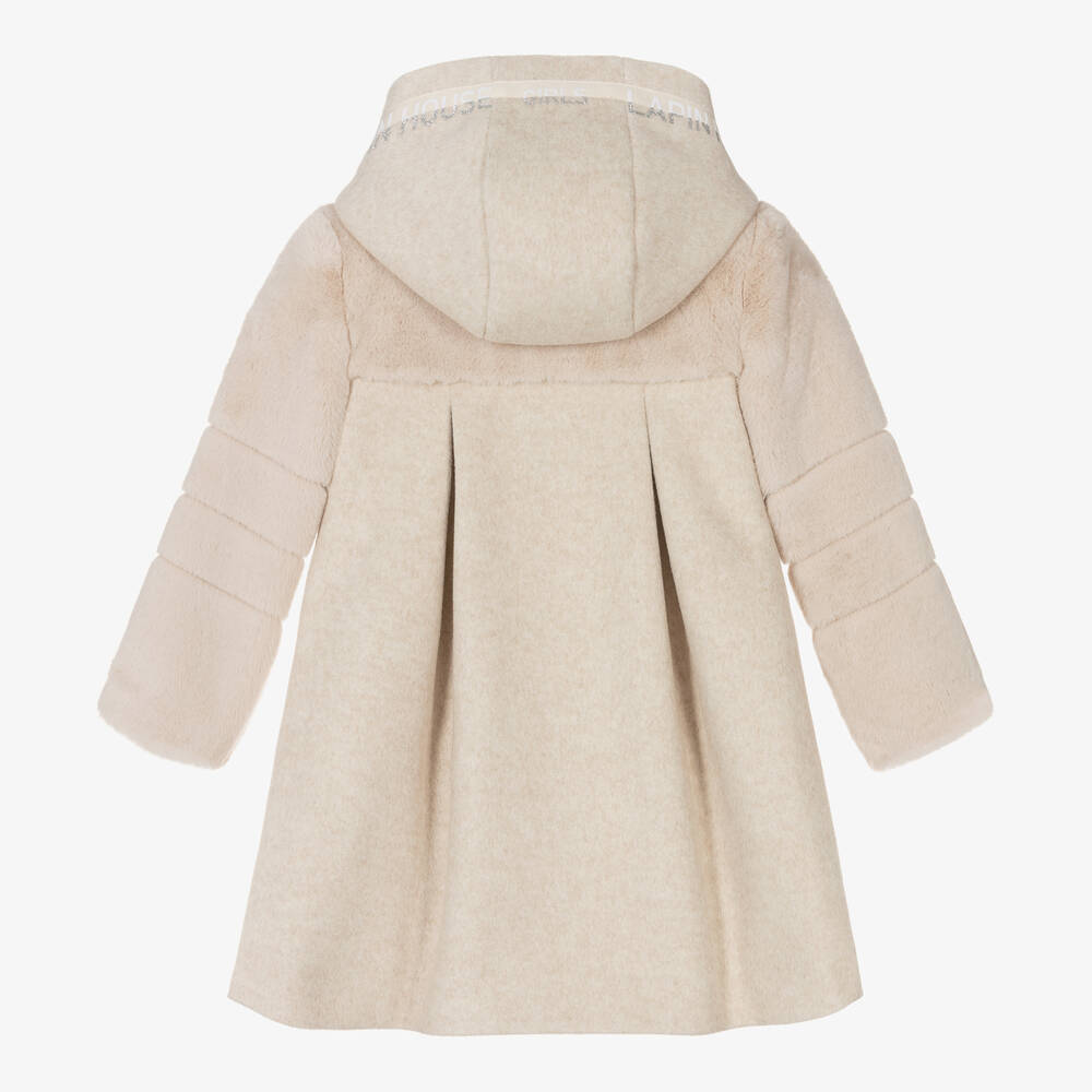 Lapin House-Girls Beige Faux Fur Trim Coat | Childrensalon Outlet