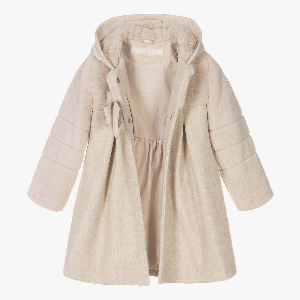 Lapin House-Girls Beige Faux Fur Trim Coat | Childrensalon Outlet