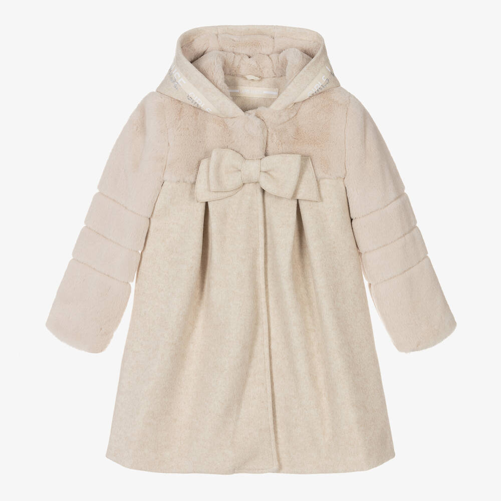 Lapin House - Girls Beige Faux Fur Trim Coat | Childrensalon