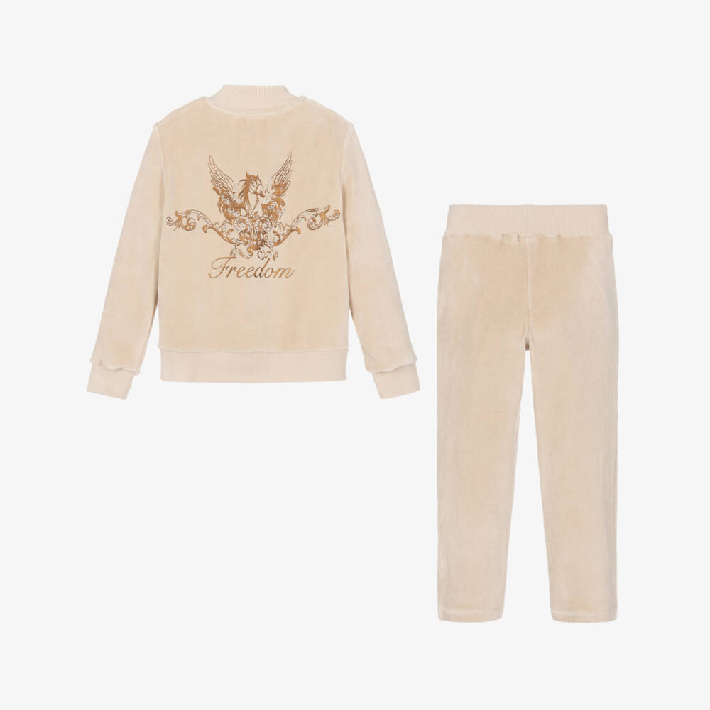 Lapin House-Girls Beige Velour Tracksuit with Horse Motif | Childrensalon Outlet
