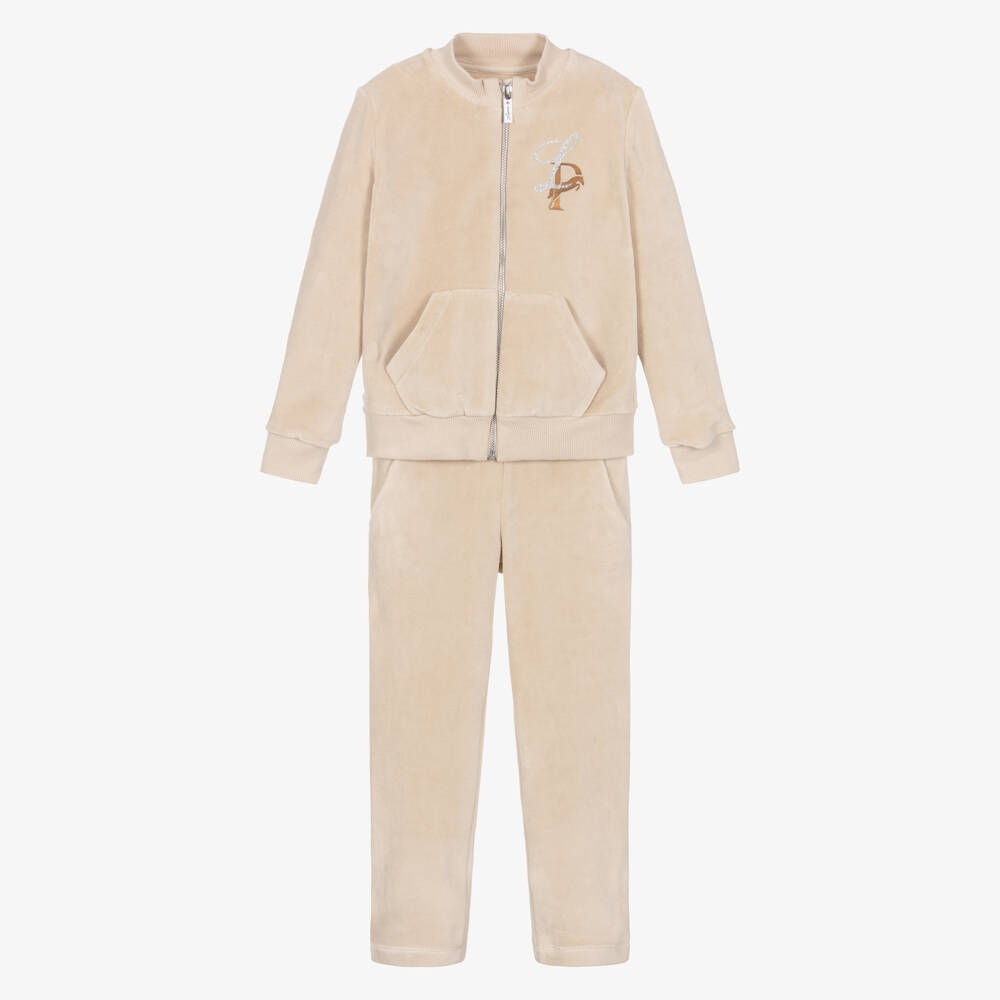 Lapin House-Girls Beige Velour Tracksuit with Horse Motif | Childrensalon Outlet