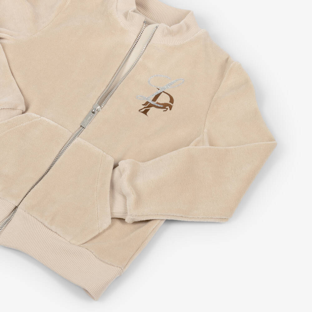 Lapin House-Girls Beige Velour Tracksuit with Horse Motif | Childrensalon Outlet