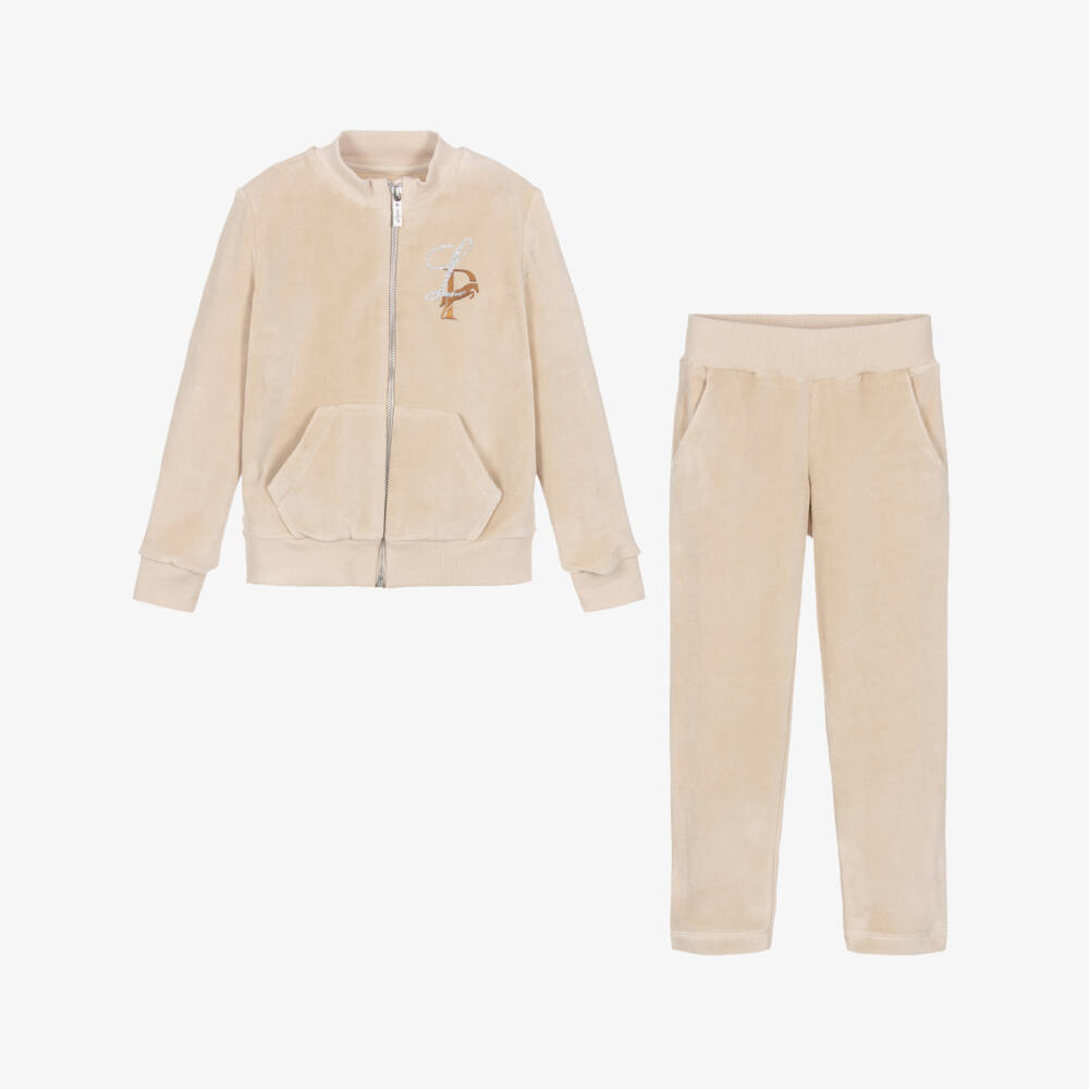 Lapin House-Girls Beige Velour Tracksuit with Horse Motif | Childrensalon Outlet