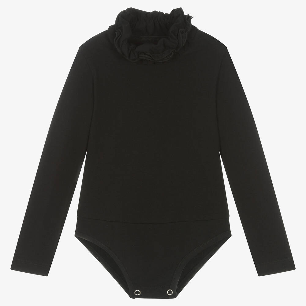 Lapin House - Girls Black Cotton Ruffle Neck Bodysuit | Childrensalon