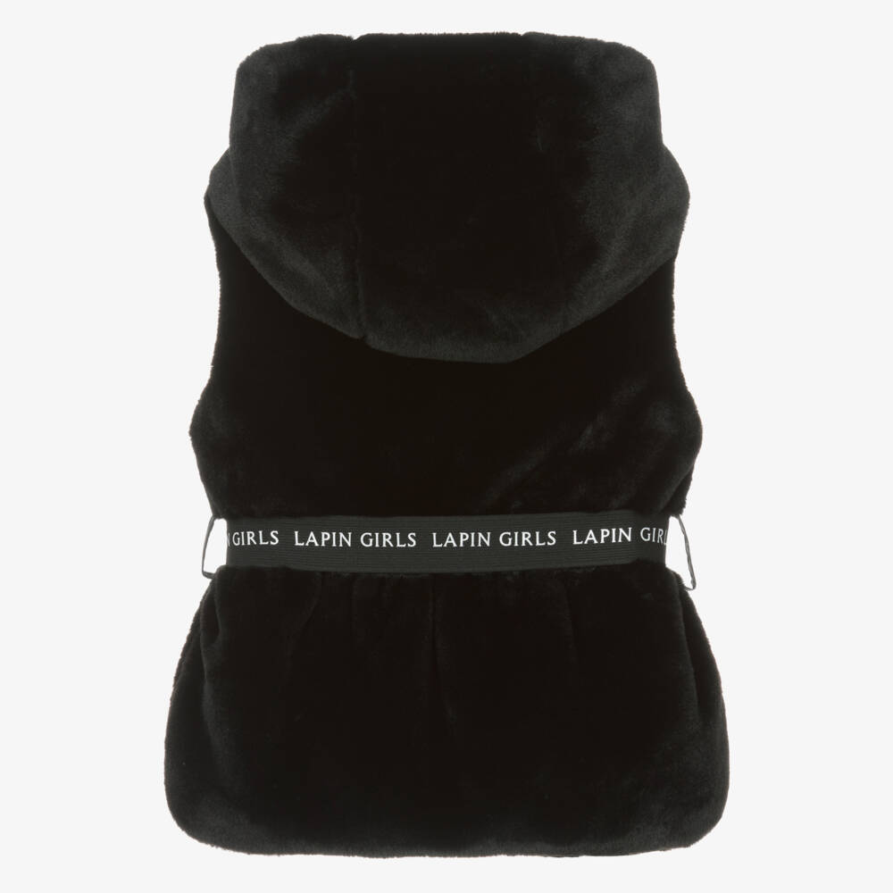 Lapin House-Girls Black Faux Fur Gilet with Hood & Logo Belt | Childrensalon Outlet