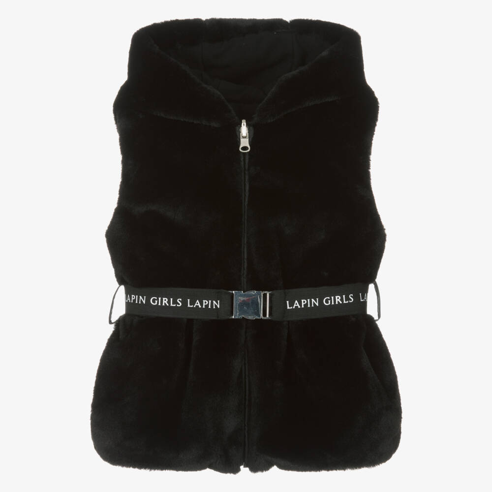Lapin House-Girls Black Faux Fur Gilet with Hood & Logo Belt | Childrensalon Outlet