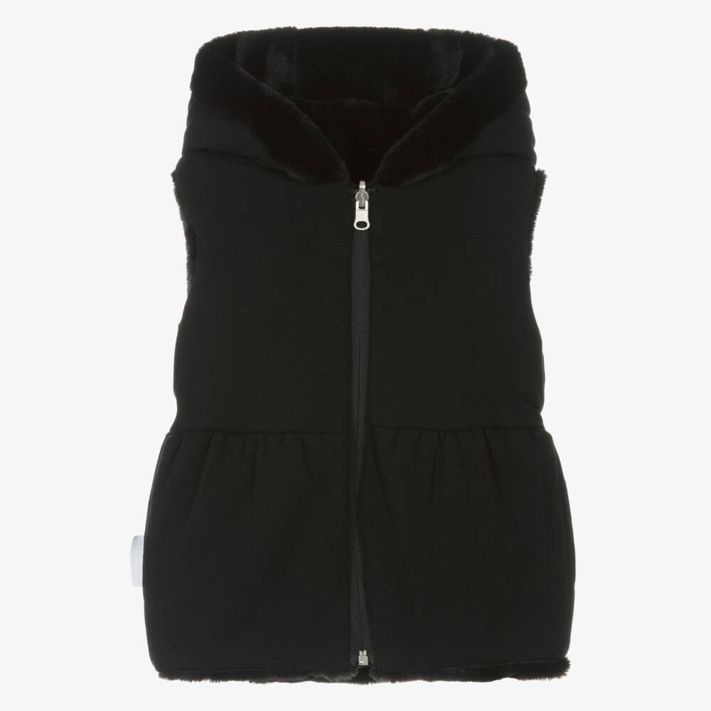 Lapin House-Girls Black Faux Fur Gilet with Hood & Logo Belt | Childrensalon Outlet