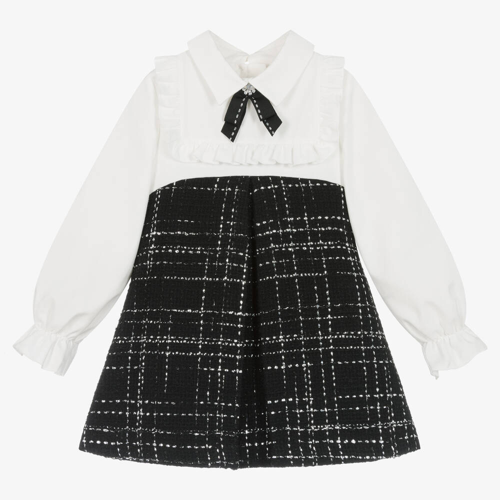 Lapin House - فستان قميص مزيج تويل وتويد لون أسود وعاجي | Childrensalon