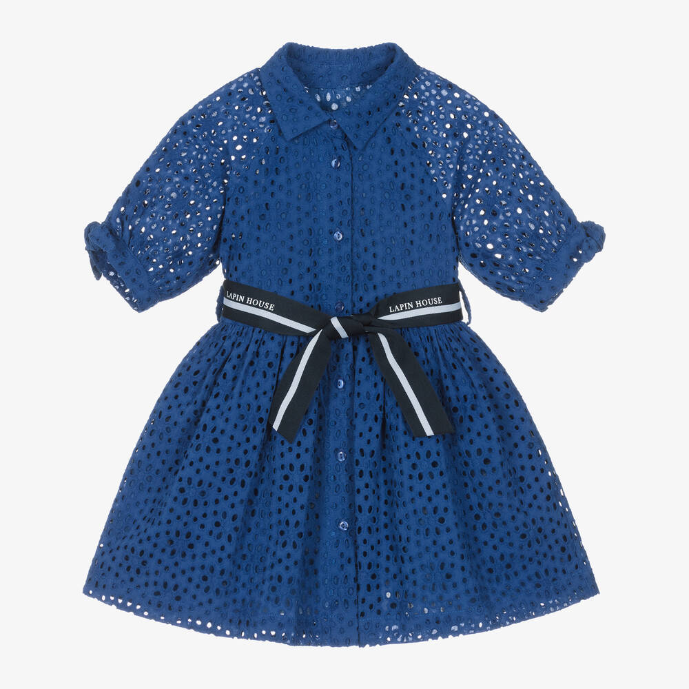 Lapin House-Girls Blue Broderie Cotton Shirt Dress | Childrensalon Outlet